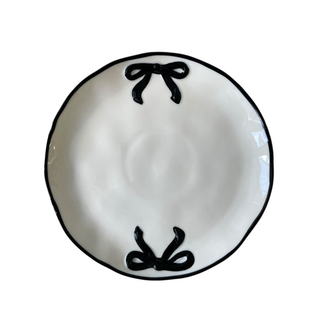 Hand Painted Coquette Black Bow Salad Plates 9in White Ceramic Set of 4 NEW